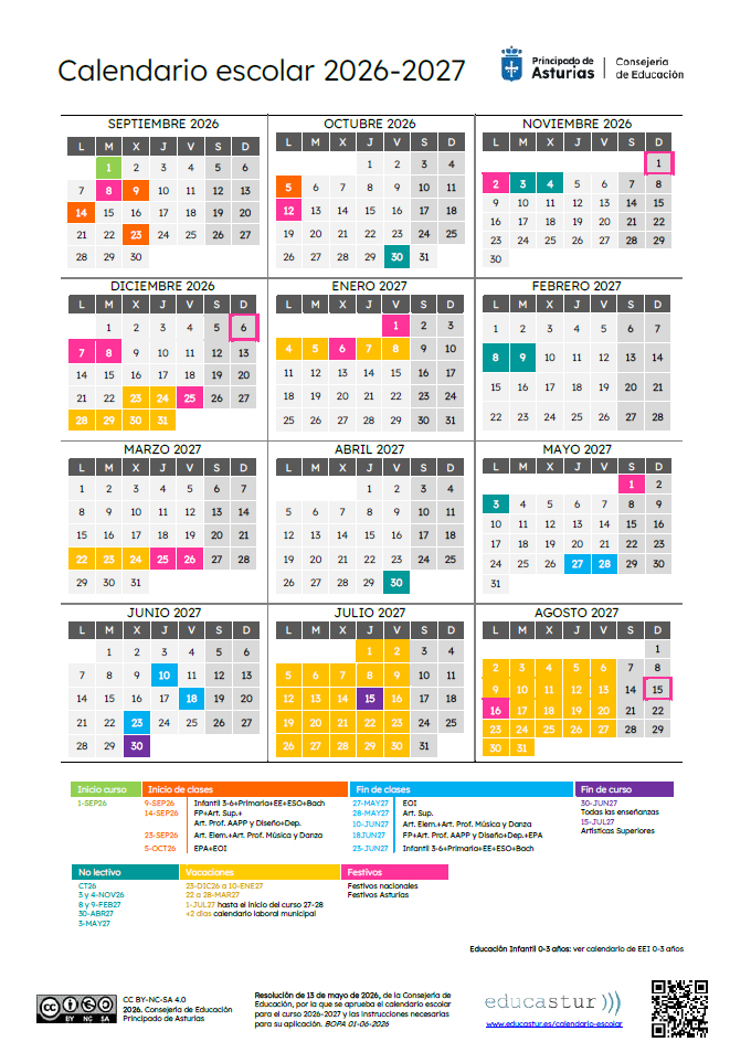 Calendario escolar Colegio CP La Fresneda